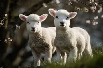 Obraz premium Cute spring lambs, Generative ai