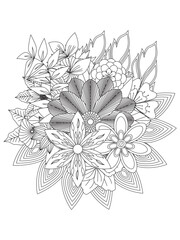 Flowers in black and white for coloring book. Page of floral pattern in black and white. Doodle art for coloring book