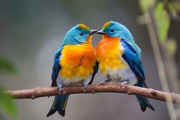 Fototapeta na wymiar Spring colored birds flirting, Generative ai