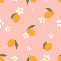 Seamless pattern of lemon with green leaves and white flower on pink background vector illustration. Cute fruit print.