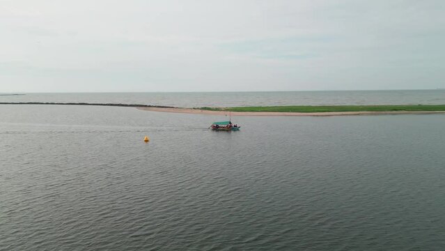 Aerial view of tour boats on the Ancol coastline, Jakarta, Indonesia
