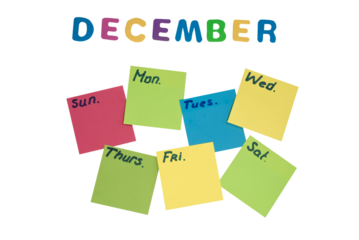 Plan tygodnia na miesiąc grudzień na kolorowych samoprzylepnych kartkach na ścianie. Puste kartki bez tła.