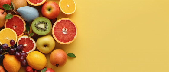 Naklejka na ściany i meble Assortment of fruits on yellow pastel with copy space 