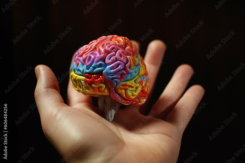 Poster A close-up photograph of a human hand holding a realistic model of a brain, symbolizing the power of knowledge and intellect.  Generative AI technology.