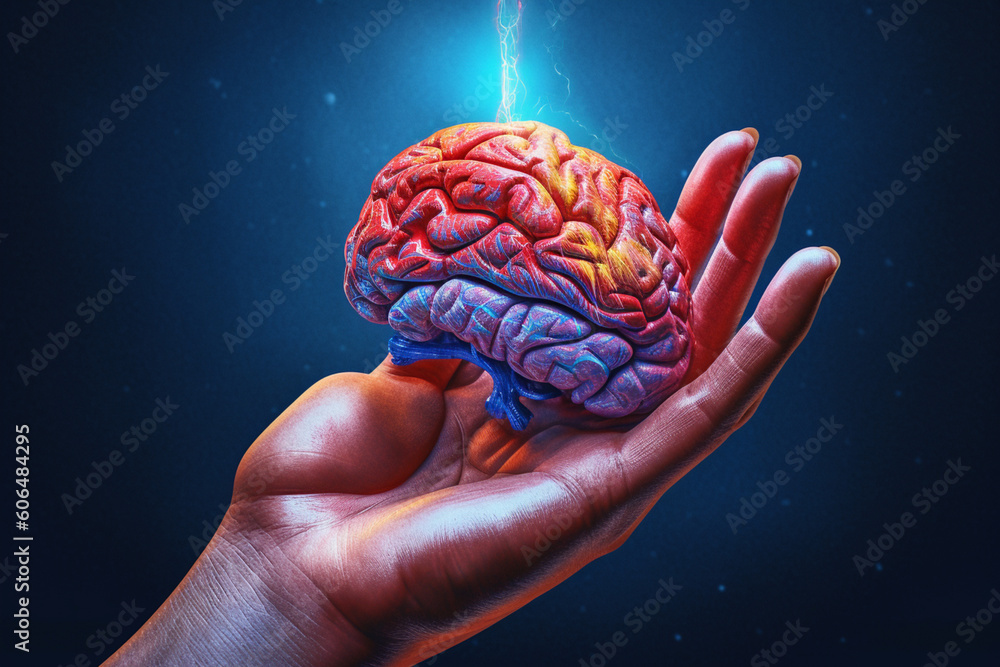Poster A photo manipulation artwork combining the image of a hand and a brain, creating a visually striking and thought-provoking composition. Generative AI technology.