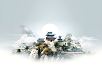 Beautiful traditional architecture in the clouds. Generative AI