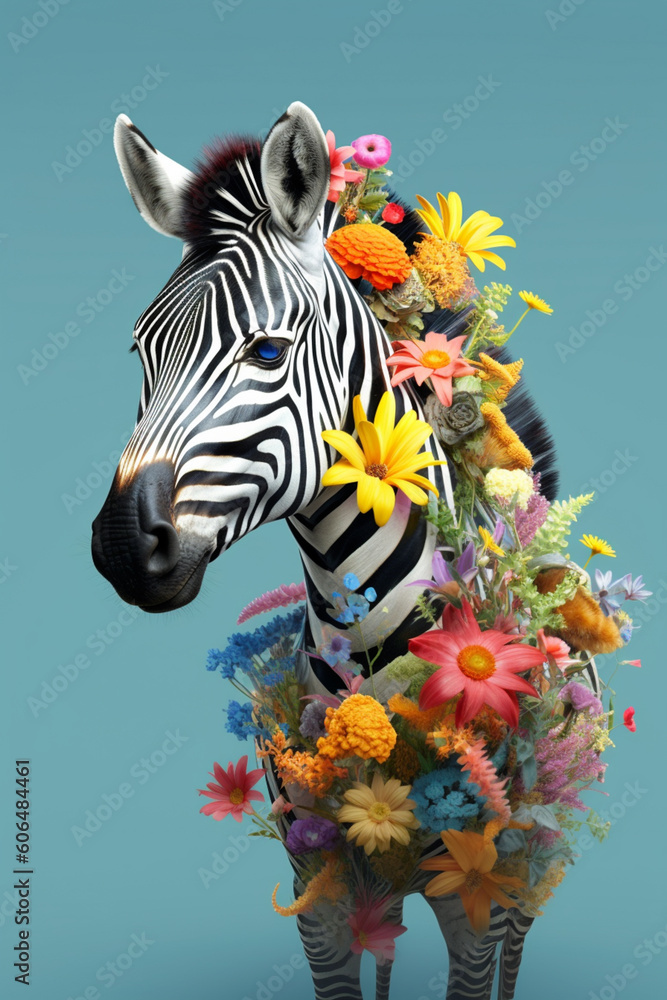 Poster a conceptual image of a zebra made from unconventional materials, such as flowers or feathers, chall