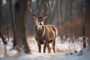 Deer male in winter snow forest, Generative ai