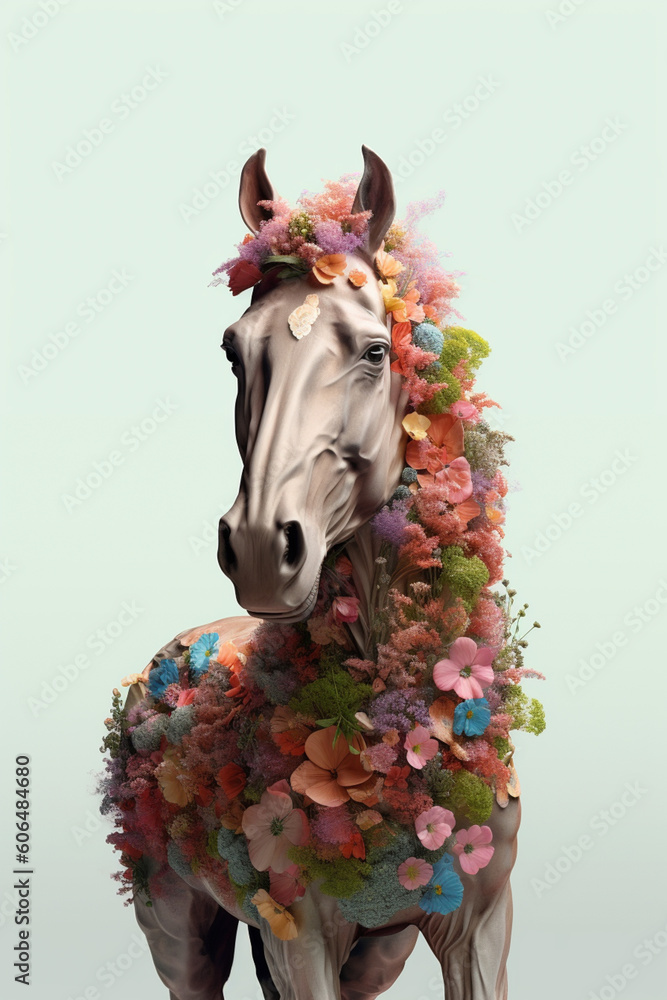 Poster A conceptual image of a Horse made from unconventional materials, such as flowers or feathers, challenging the perception of Horse as solely utilitarian objects. Generative AI technology.