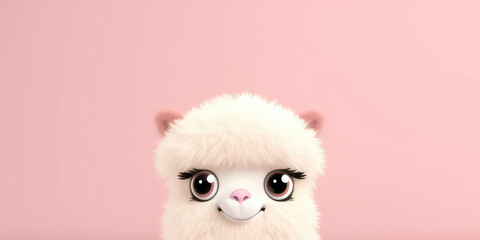 Portrait of a cute cartoon fluffy llama isolated on a flat pink background with copy space. The face of the llama, a children's character. Generative AI 3d render illustration imitation.