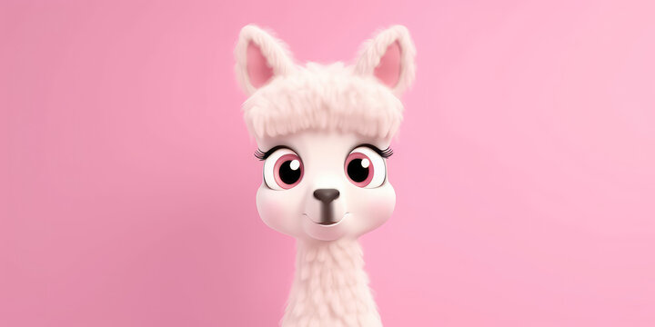 Portrait of a cute cartoon curly llama with big eyes isolated on a flat pink background with copy space. The face of the llama, a children's character. Generative AI 3d render illustration imitation.
