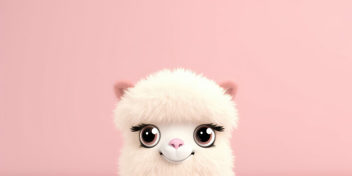 Portrait of a cute cartoon fluffy llama isolated on a flat pink background with copy space. The face of the llama, a children's character. Generative AI 3d render illustration imitation.