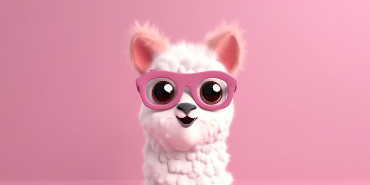 Portrait of a cute cartoon curly llama in glasses isolated on a flat pink background with copy space. The face of the llama, a children's character. Generative AI 3d render illustration imitation.