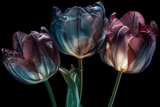 Generative AI closeup illustration of set of fresh flower tulip isolated on black background with clipping path
