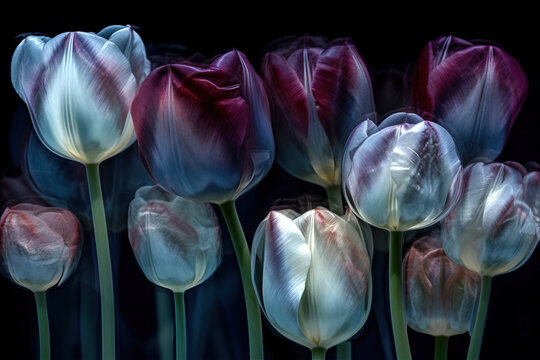 Generative AI closeup illustration of set of fresh flower tulip isolated on black background with clipping path