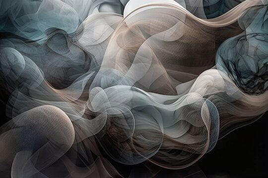 Generative AI illustration of abstract background of blue and white smoky fabric in scattered form with black strands on dark background