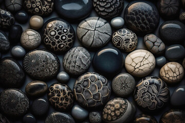 AI generated image of top view many round rocky elements of different sizes with creative ornament on glossy surface