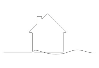 Continuous thin line home vector illustration, minimalist house icon. One line art cottage building.