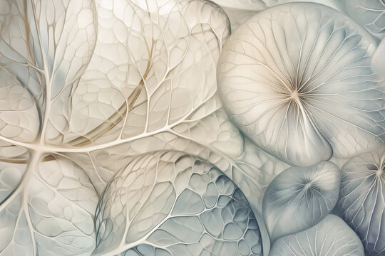 Generative AI illustration showing top view of transparent dry leaves with tentacle network spread over grey surface of autumn forest