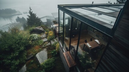 Modern house on the edge of a cliff close to the nature and all of this seen from above, from where one rarely sees it. Generative AI Technology 