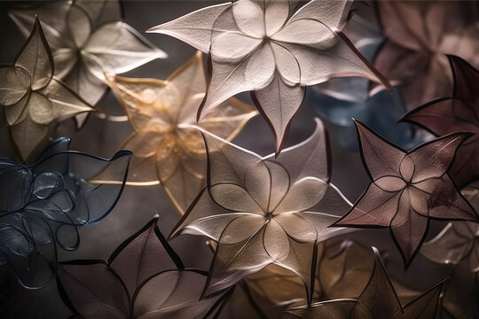 Generative AI illustration of delicate white flowers blooming in garden decorated with ornamental elements