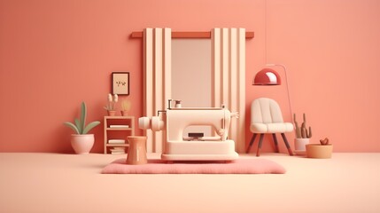 Sewing Machine Focus: Captivating Pastel Red Workspace for Your Crafting and Sewing Pleasure | A minimalistic illustration of a workspace with a focus on a cute sewing machine