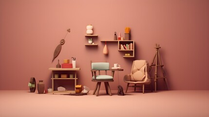 Art Studio-inspired Workspace: Cozy Chair, Coffee Cup, and Pastel Red Ambiance