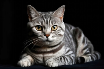 Obraz premium Studio photography of an American shorthair cat on dark background, isolate. Ai generated