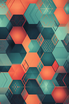Generative AI illustration of abstract background of hexagon geometric pattern with bright orange and green colors