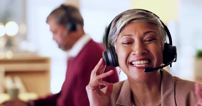 Call center, consulting and senior people in office for crm, customer service or contact us. Telemarketing, workforce and elderly woman consultant working as virtual assistant, faq or online help