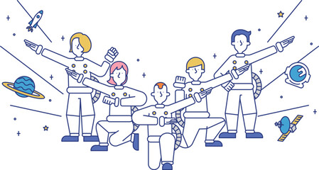 宇宙飛行士の職業に就く男性と女性のイラスト