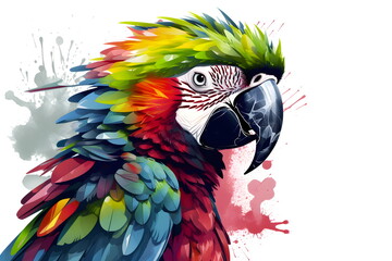 Colorful parrot with black beak and yellow and red feathers on it's head. Generative AI.