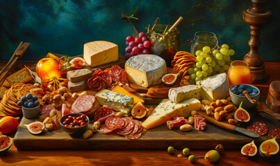 Obraz na płótnie Canvas Image of variety of cheeses, meats, and nuts. Generative AI.