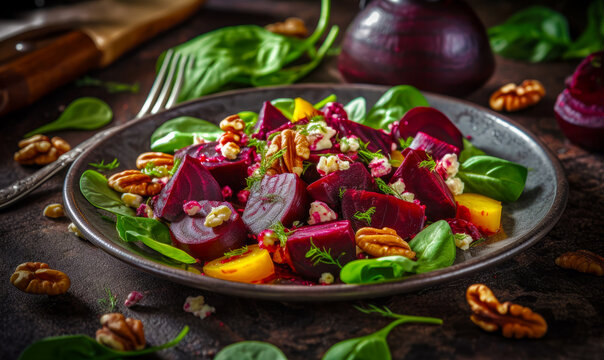 Plate Of Beets And Spinach Salad With Walnuts And Feta Cheese. Generative AI.