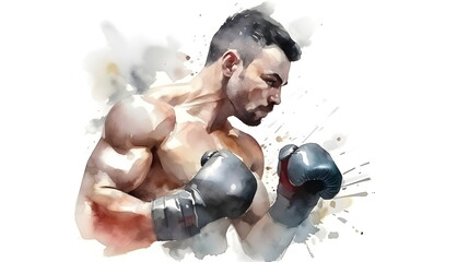 Watercolor image of man wearing boxing gloves and punching his fist. Generative AI.
