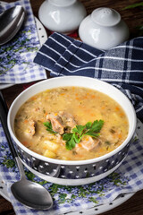Soup with barley and chicken gizzards.