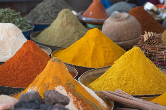 Assorted exotic spices on market
