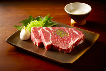 Piece of meat sitting on top of cutting board next to bowl of garlic. Generative AI.