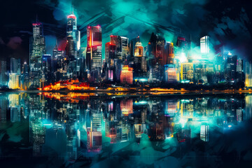 Image of city at night with reflection of the lights on the water. Generative AI.