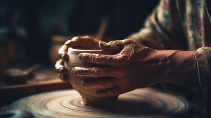 Person holding clay pot on potter's wheel with their hands. Generative AI. - obrazy, fototapety, plakaty