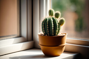 Cactus in pot sitting on window sill next to window. Generative AI.