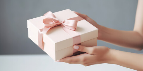 A woman's hands hold white gift box with a satin ribbon bow. Isolated on pastel grey background, with copy space, template for sale, promotion and gift banner. Generative AI photo imitation