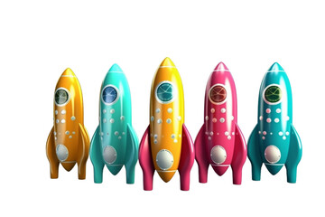 A collection of launched cartoon rockets isolated on clear PNG background, colorful , Successful startup company concept.