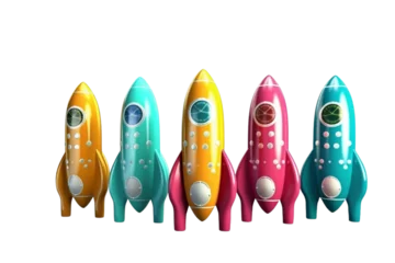 Zelfklevend Fotobehang Ruimteschip A collection of launched cartoon rockets isolated on clear PNG background, colorful , Successful startup company concept.