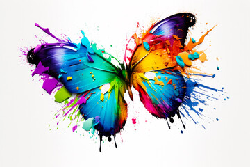 Colorful butterfly with paint splattered all over it's wings. Generative AI.