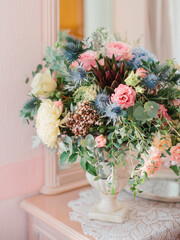 Delicate bouquet of blue hydrangea, protea, pink and white peonies and roses, carnations. Vintage French decor, wedding decor.