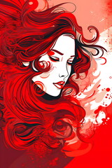 Image of woman with red hair and red rose in her hair. Generative AI.