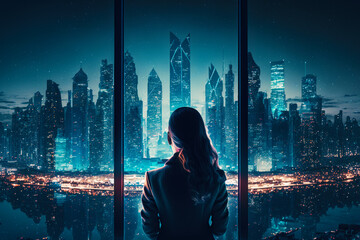 Woman standing in front of window looking out at city at night. Generative AI.