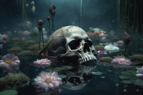Generative AI illustration of dry skull floating on pond with lilies and purple flowers with leaves against smoky dark background