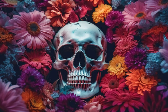 Generative AI illustration of scary dry hollow human skull surrounded with red and purple with blue color blooming flowers on dark background